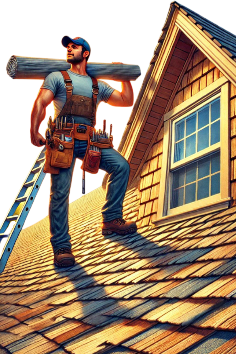 Illustration of roofer holding a bundle of shingles on top a wood shingle roof